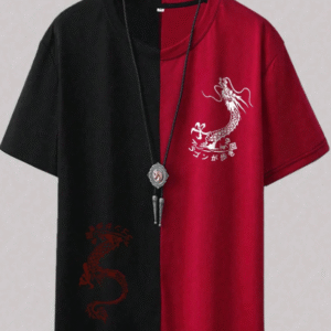 ROMWE Unisex Half Split Dragon Graphic T-Shirt – Black & Red