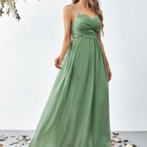 FAERIESTY Women’s Sage Green Spaghetti Strap Ruched Maxi Gown – Size M