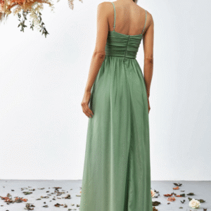 FAERIESTY Women’s Sage Green Spaghetti Strap Ruched Maxi Gown – Size M