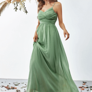 FAERIESTY Women’s Sage Green Spaghetti Strap Ruched Maxi Gown – Size M