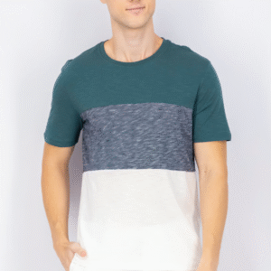 DeFacto Men’s Colorblock Crew Neck T-Shirt – Green, Navy & White | Casual Slim Fit, Size M