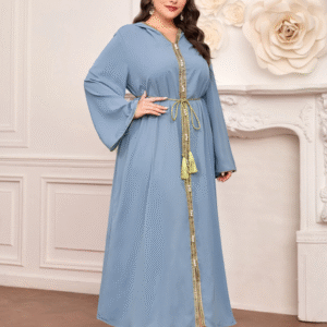 Shein Blue Maxi Dress with Gold Trim – Size M | Elegant & Modest
