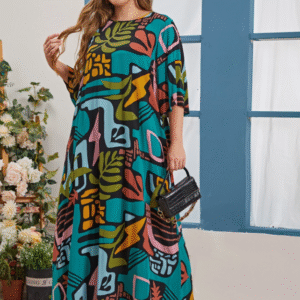 Shein Bold Graphic Print Maxi Dress – Size 4XL | Colorful & Comfortable