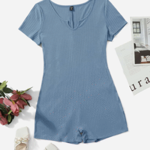 Shein Women's Blue Ribbed Knit Short Sleeve Romper – Casual Stretchy One-Piece Jumpsuit for Summer