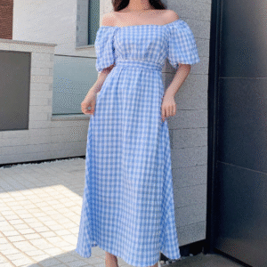 DAZY Off-Shoulder Gingham Maxi Dress – Sky Blue Elegance (Size: XL)