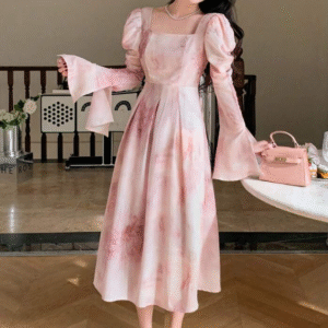 Dazy Pink Puff‑Sleeve Square‑Neck Midi Dress – Women’s Size S