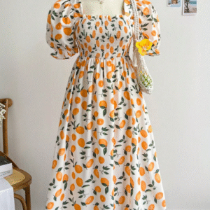SHEIN Orange Fruit-Print Puff‑Sleeve Shirred Midi Dress – Women’s 2XL