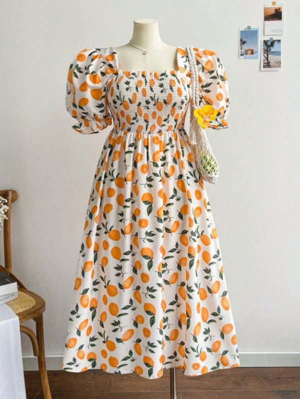 SHEIN Orange Fruit-Print Puff‑Sleeve Shirred Midi Dress – Women’s 2XL