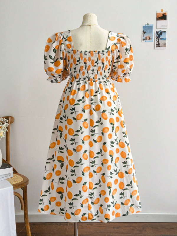 SHEIN Orange Fruit-Print Puff‑Sleeve Shirred Midi Dress – Women’s 2XL