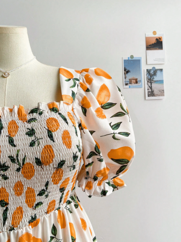 SHEIN Orange Fruit-Print Puff‑Sleeve Shirred Midi Dress – Women’s 2XL
