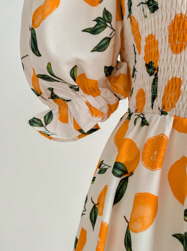 SHEIN Orange Fruit-Print Puff‑Sleeve Shirred Midi Dress – Women’s 2XL