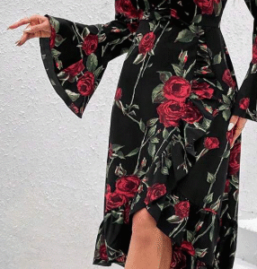 SHEIN Black V-Neck Wrap Midi Dress with Red Rose Floral Print