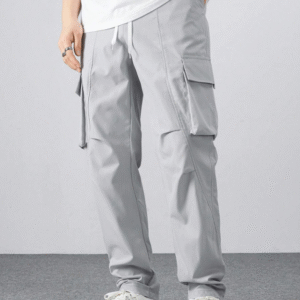 Manfinity Men’s Gray Cargo Pants – Relaxed Fit Drawstring Trousers with Utility Pockets, Size XXL
