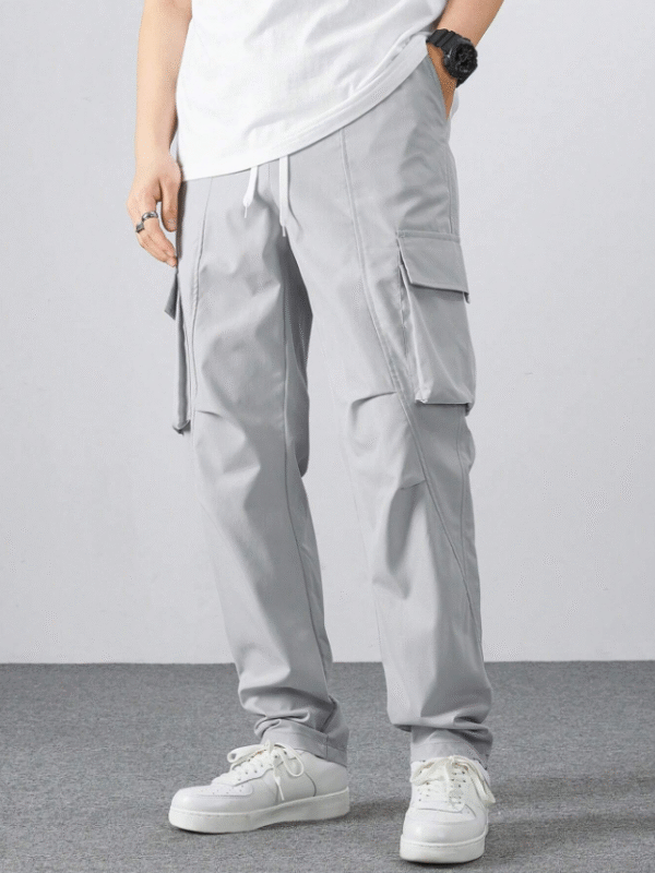 Manfinity Men’s Gray Cargo Pants – Relaxed Fit Drawstring Trousers with Utility Pockets, Size XXL