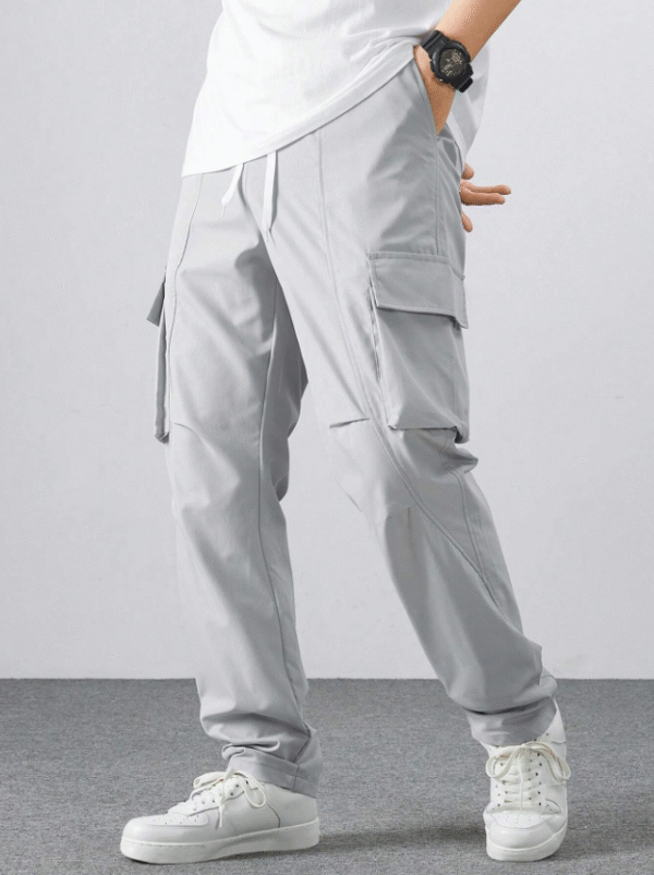 Manfinity Men’s Gray Cargo Pants – Relaxed Fit Drawstring Trousers with Utility Pockets, Size XXL