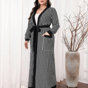 SHEIN XL Houndstooth Maxi Cardigan Coat – Open Front Long Knit Jacket