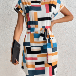 Gomorn Women’s Multicolor Geometric Print Shift Dress with Side Tie – Size XL