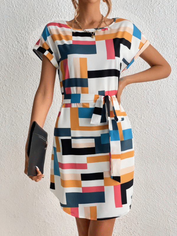 Gomorn Women’s Multicolor Geometric Print Shift Dress with Side Tie – Size XL