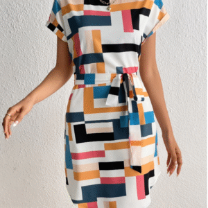 Gomorn Women’s Multicolor Geometric Print Shift Dress with Side Tie – Size XL