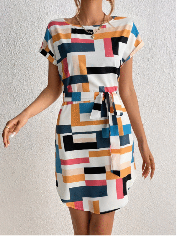 Gomorn Women’s Multicolor Geometric Print Shift Dress with Side Tie – Size XL