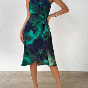 Chic Green Floral One-Shoulder Midi Dress – Shein Size L | Elegant Party & Wedding Guest Dress