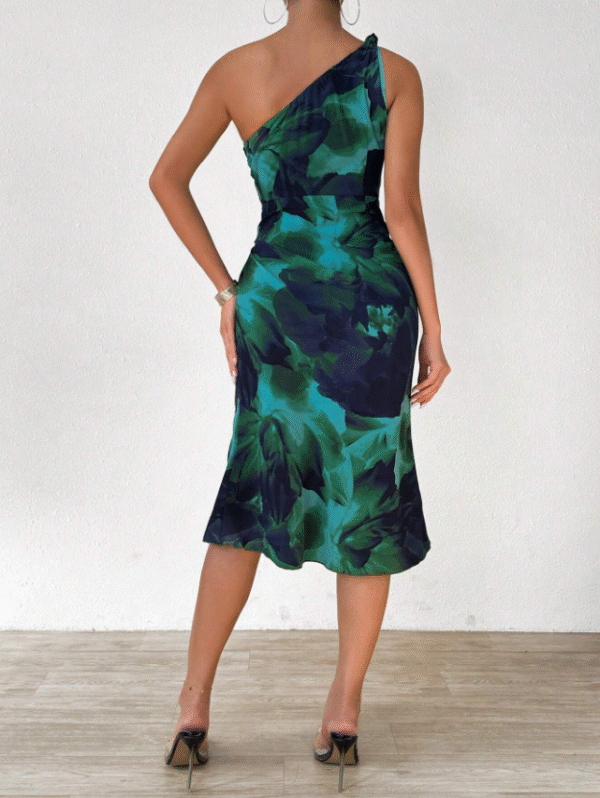 Chic Green Floral One-Shoulder Midi Dress – Shein Size L | Elegant Party & Wedding Guest Dress