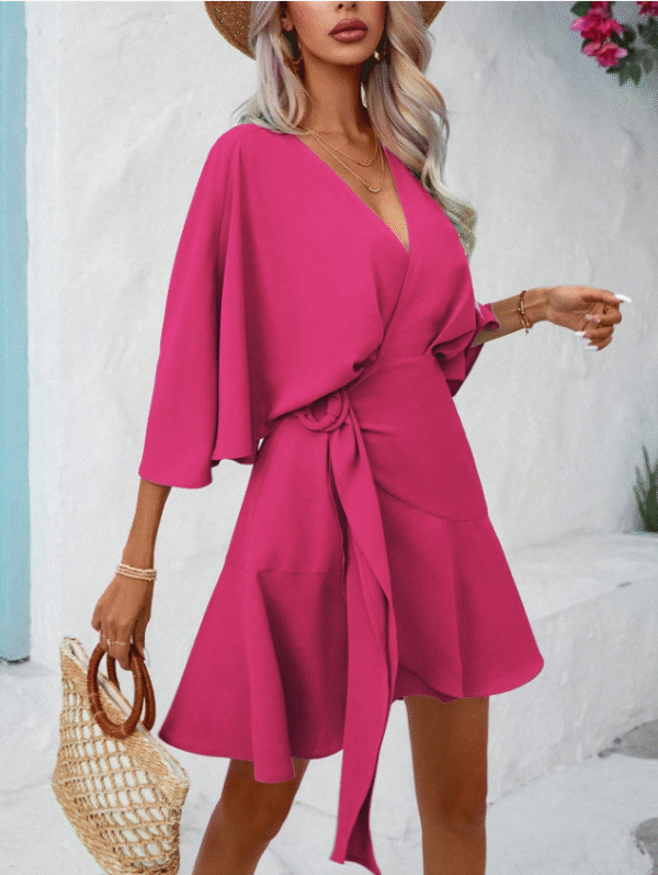 SHEIN Women’s Fuchsia Wrap Dress with Waist Tie – Half Sleeve, Size XL