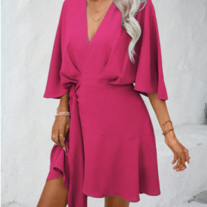 SHEIN Women’s Fuchsia Wrap Dress with Waist Tie – Half Sleeve, Size XL