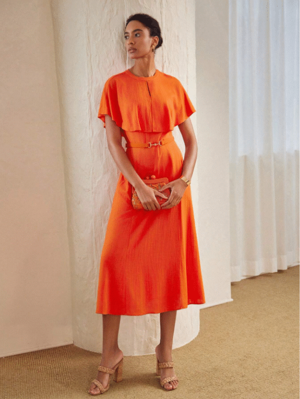 Vibrant Orange Capelet Midi Dress – MOTF Size M | Sophisticated Summer Occasion Wear