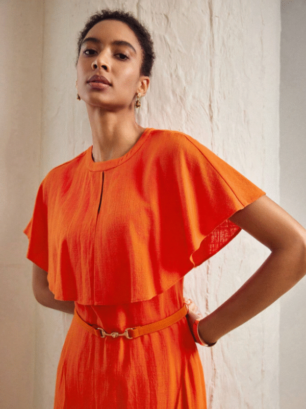 Vibrant Orange Capelet Midi Dress – MOTF Size M | Sophisticated Summer Occasion Wear
