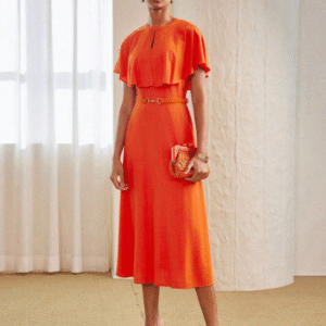 Vibrant Orange Capelet Midi Dress – MOTF Size M | Sophisticated Summer Occasion Wear