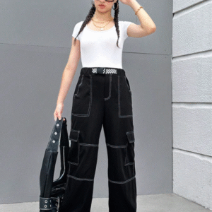 SHEIN Women’s Black Techwear Cargo Pants – Contrast Stitch, Drawstring Waist, Size XS