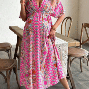 Shein Boho Floral V-Neck – Pink Printed Swing Dress, Size M
