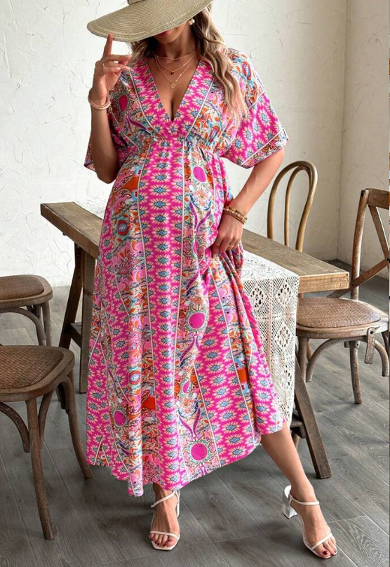 Shein Boho Floral V-Neck – Pink Printed Swing Dress, Size M