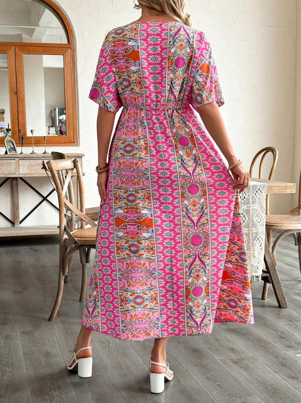 Shein Boho Floral V-Neck – Pink Printed Swing Dress, Size M