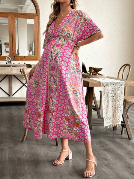 Shein Boho Floral V-Neck – Pink Printed Swing Dress, Size M