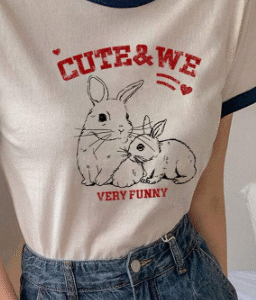 Dazy Women’s Graphic Ringer Tee – Cute Bunny Print “Cute & We” Slogan, Size XL