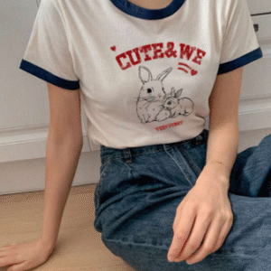 Dazy Women’s Graphic Ringer Tee – Cute Bunny Print “Cute & We” Slogan, Size XL