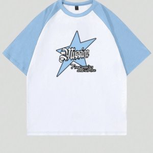 Romwe XXL Blue‑Sleeve Raglan Star Graphic Tee – Men’s Oversized Cotton Shirt
