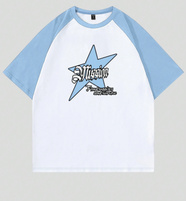 Romwe XXL Blue‑Sleeve Raglan Star Graphic Tee – Men’s Oversized Cotton Shirt