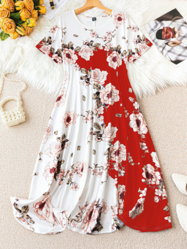 Shein XL Red & White Floral Short-Sleeve Maxi Dress – Summer Garden Party Boho Chic