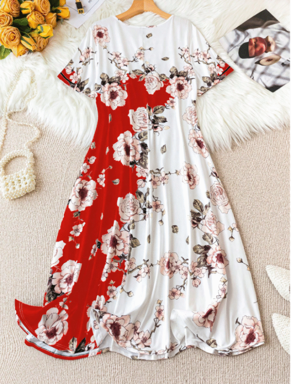 Shein XL Red & White Floral Short-Sleeve Maxi Dress – Summer Garden Party Boho Chic