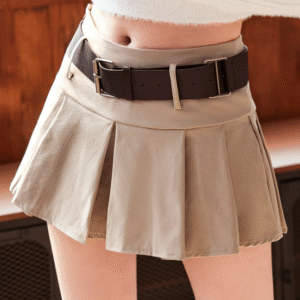 Shein Pleated Mini Skirt with Wide Belt – Khaki | Size M