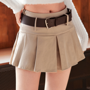 Shein Pleated Mini Skirt with Wide Belt – Khaki | Size M