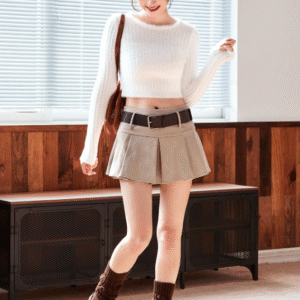 Shein Pleated Mini Skirt with Wide Belt – Khaki | Size M