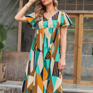 Emery Rose XL Geometric Print Midi Dress – Flutter Sleeves, V‑Neck, Flowing Casual Style