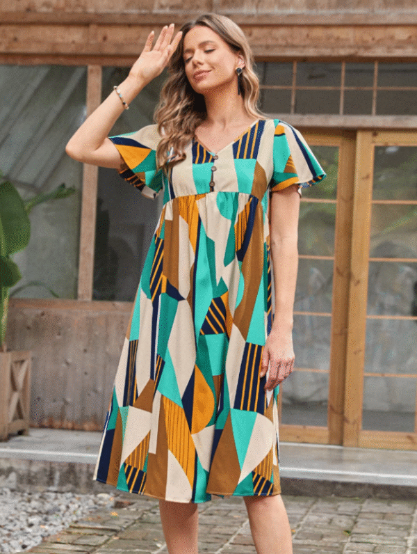 Emery Rose XL Geometric Print Midi Dress – Flutter Sleeves, V‑Neck, Flowing Casual Style