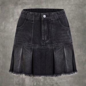 ROMWE Women’s Black Pleated Denim Mini Skirt with Raw Hem – Size M