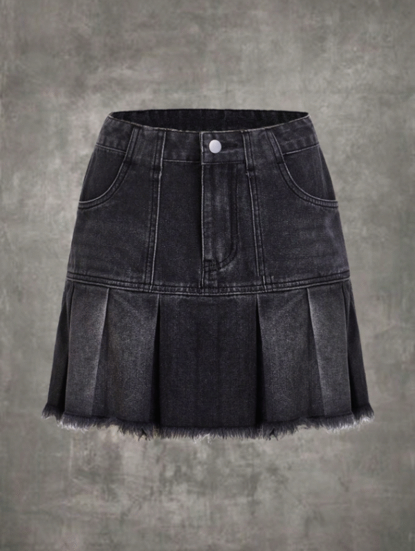 ROMWE Women’s Black Pleated Denim Mini Skirt with Raw Hem – Size M