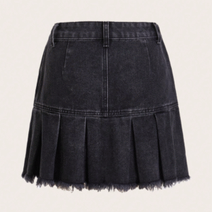 ROMWE Women’s Black Pleated Denim Mini Skirt with Raw Hem – Size M
